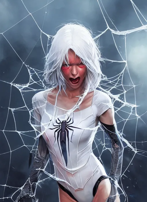 Prompt: full body portrait of white haired girl in spider man suit, angry, surrounded webs, highly detailed, digital art, artstation, concept art, smooth, sharp focus, greg rutkowski, rhads, wlop