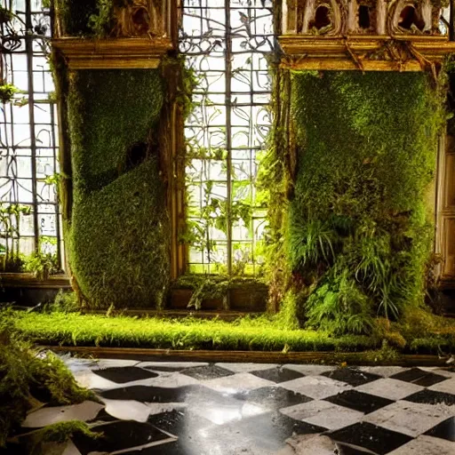 Image similar to a dream about opulent, ornate, abandoned overgrown Palace of Versailles, lush plants growing through the floors and walls, walls are covered with moss and vines, wet floors, beautiful, dusty, golden volumetric light shines through giant broken windows, golden rays fill the space with warmth, rich with epic details and dreamy atmosphere