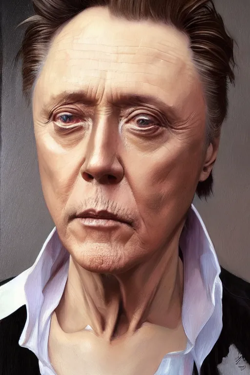 Prompt: portrait of christopher walken with an eyebrow piercing, high quality painting by artgerm and greg rutkowski and alphonse mucha