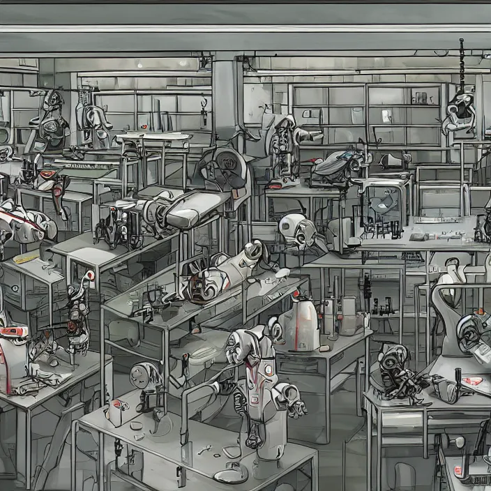 Image similar to highly detailed well organized and clean weapons laboratory, with research, robot arms, tables, parts, windows, with anthropomorphic furry researchers, Extremely detailed digital art, sci fi, furaffinity, DeviantArt