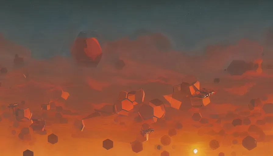 Prompt: hexagons in the sky in front of the sun, simon stalenhag