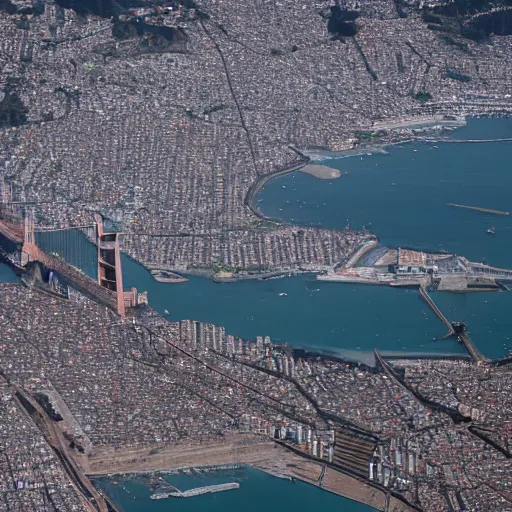 Image similar to color aerial view of San Francisco in 2035, as the sun is setting, and the bay is now filled in with a teeming favela, shanty houses of every different color, recycled materials, electric lines running everywhere, lights coming on in most of the houses, hyperdetailed, ap photo