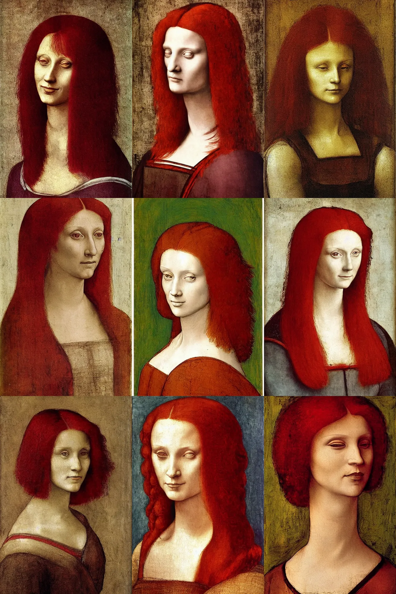 Prompt: Woman with red hair, portrait by Leonardo Davinci