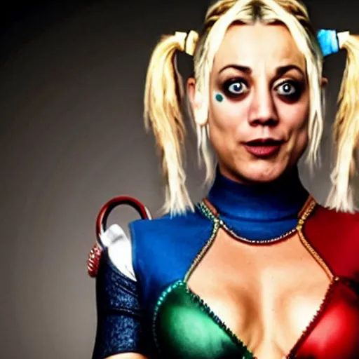 Image similar to A still of Kaley Cuoco as Harley Quinn