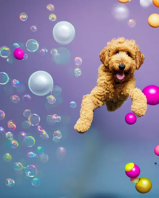 Prompt: stock photos of a golden doodle puppy chasing after giant soap bubbles in a studio