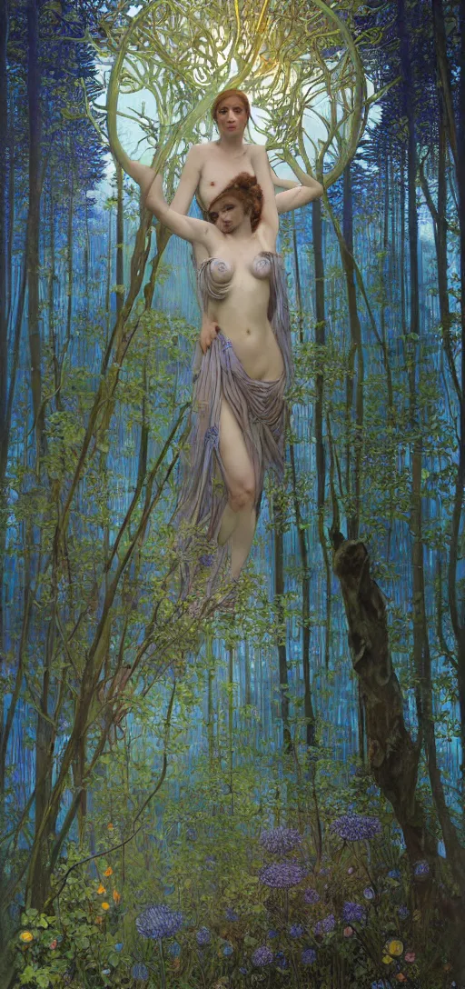 Image similar to painterly dreamy Kupala Night in the blue forest with trees which have eyes, giant flowers, glowing owls, deers, women, lianas, thistles, giant fantasy creatures, a stream and sky with moon and stars by Alphonse Mucha, Alex Grey, Aron Wiesenfeld and Giger dark fantasy, witcher, very detailed oil painting in the alla prima style, masterpiece, 8k