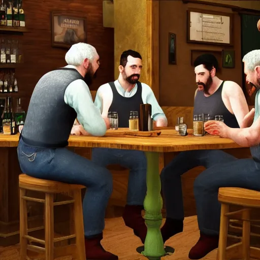 Image similar to five men drinking beer and talking intelligently in pub, caravaggio, detailed photograph, josh kirby, 4k, unreal engine