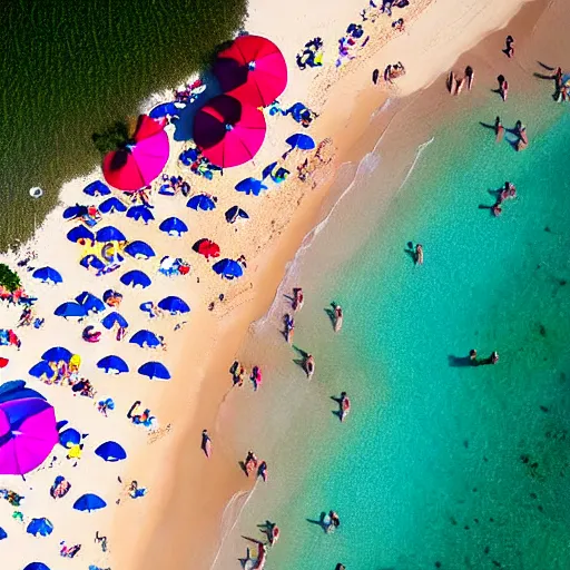 Image similar to photograph beachscapes from an almost perpendicular angle, Aerial view of sandy beach with umbrellas and sea, Aerial of a crowded sandy beach with colourful umbrellas, sun bathers and swimmers during summer, by Tommy Clarke