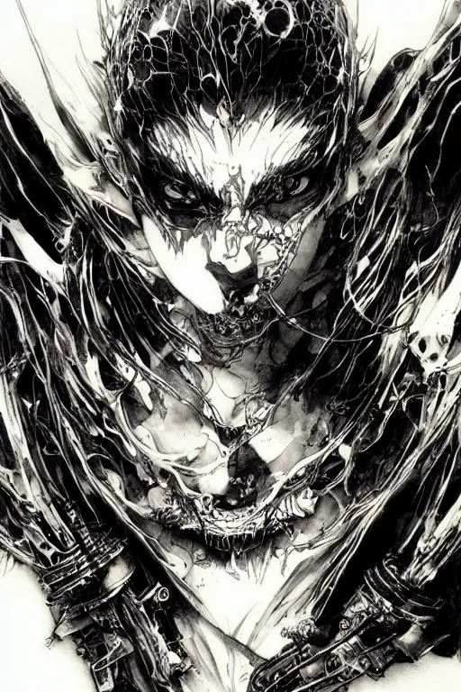 Image similar to vampire cyborg , pen and ink, intricate line drawings, by Yoshitaka Amano, Ruan Jia, Kentaro Miura, Artgerm, watercolor