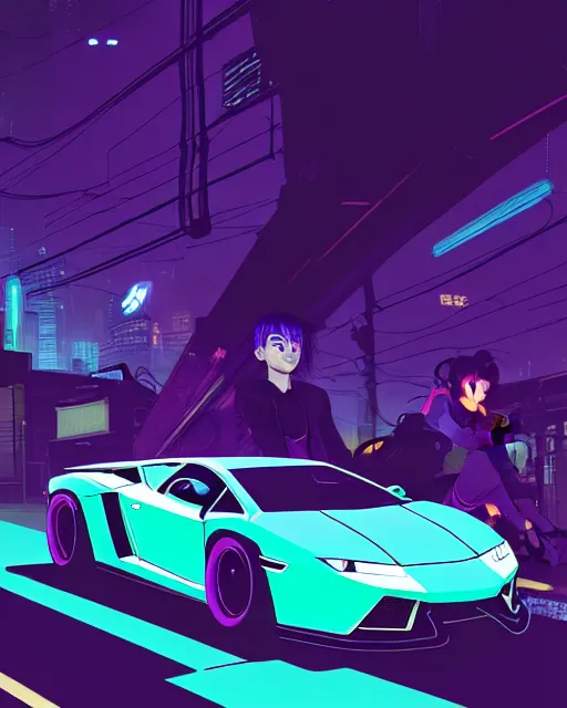 Image similar to digital illustration of cyberpunk pretty girl with blue hair, looking at a purple lamborghini, in junkyard at night, by makoto shinkai, ilya kuvshinov, lois van baarle, rossdraws, basquiat