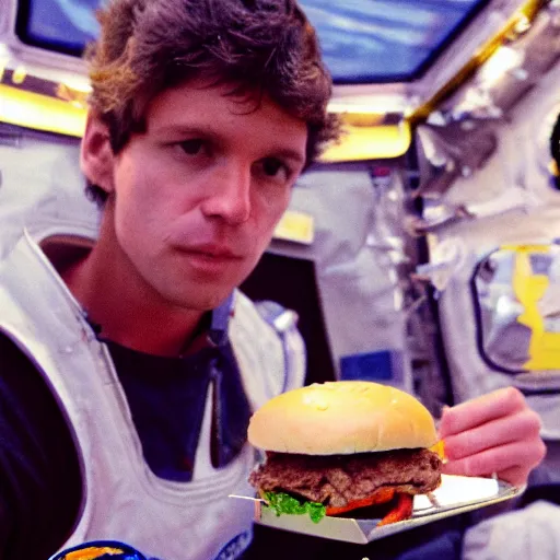 Image similar to an astronaut eating burger at space