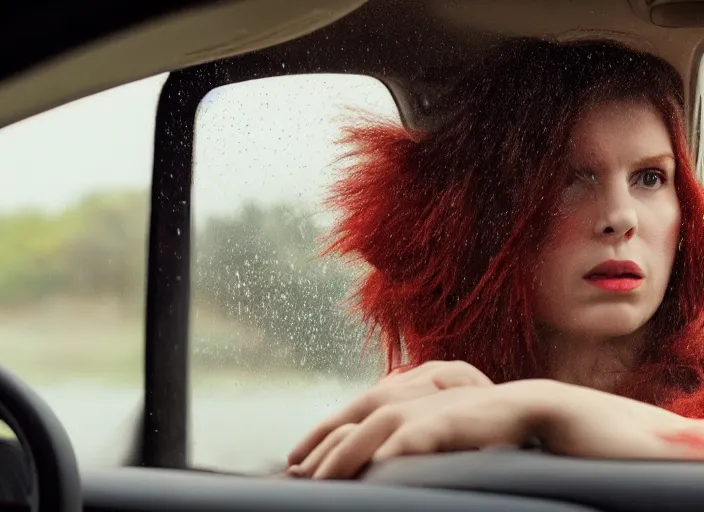 Image similar to A very high resolution image from a new movie, inside of a car, teen red hair woman, raining, hot, directed by wes anderson