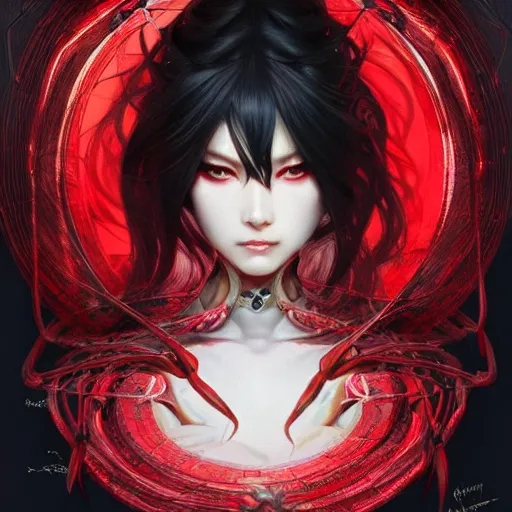 Image similar to japanese spider goddess, d & d, black and red color palette, highly detailed, digital painting, artstation, concept art, sharp focus, illustration, cinematic lighting, art by artgerm and greg rutkowski and alphonse mucha