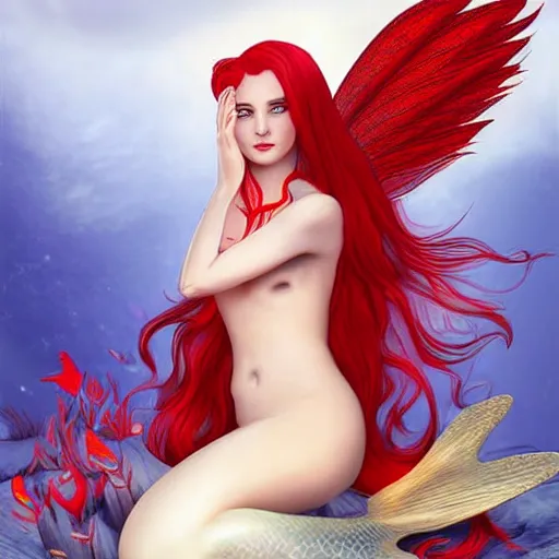 Prompt: a mermaid fairy with red hair and wings made of water, detailed fantasy illustration