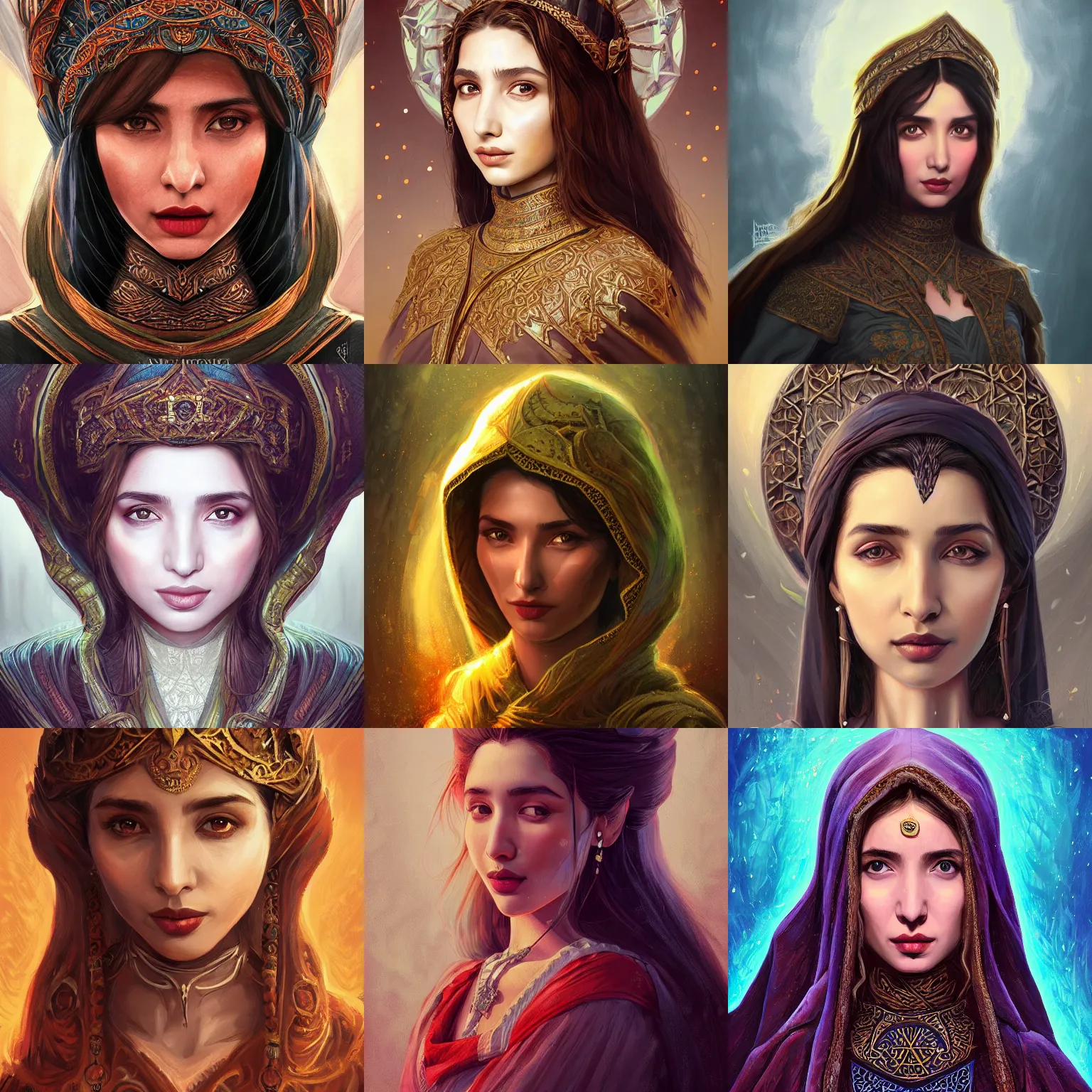 Image similar to head-on symmetrical centered painted portrait, Mahira Khan as a D&D wizard, medieval robes, fantasy, intricate, elegant, highly detailed, digital painting, smooth, sharp focus, illustration, artstation, in the style of Artgerm and Anna Podedworna and Alex Ross