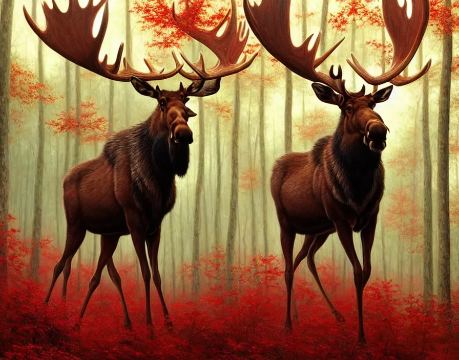 Image similar to a beautiful and very detailed painting of great ethereal moose in the bright red maple forest with a silver antlers, dynamic lighting, trending on artstation, path traced, highly detailed, high quality, digital art, hyper realistic, octane render, sharp focus, art by artgerm and greg rutkowski and alphonse mucha, 8 k