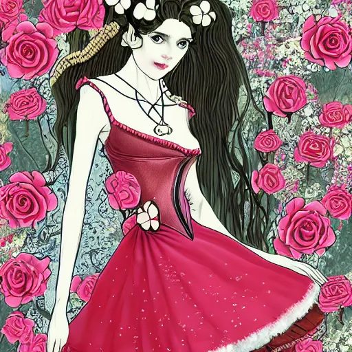 Image similar to Alice in Wonderland at the tea party, she looks like a mix of grimes, Aurora Aksnes and Zendaya, childlike, billowing elaborate hair and dress, strings of pearls, surrounded by red and white roses, digital illustration, inspired by a stylistic blend of Aeon Flux, Japanese shoujo manga, and Henry Darger, hyper detailed, dreamlike, incredibly ethereal, super photorealistic, iridescent, dichroic prism, speckled, marbling effect, tulle and lace, extremely fine inking lines