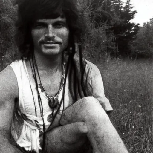 Image similar to 1970s hippie at Woodstock, daguerreotype photo, HD