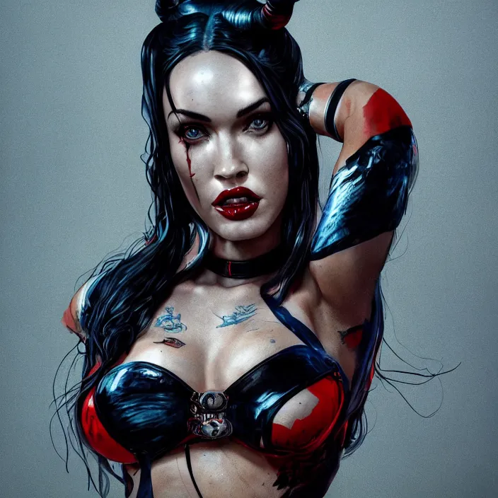 Image similar to portrait of megan fox as a harley quinn. intricate abstract. intricate artwork. by Tooth Wu, wlop, beeple, dan mumford. octane render, trending on artstation, greg rutkowski very coherent symmetrical artwork. cinematic, hyper realism, high detail, octane render, 8k, iridescent accents