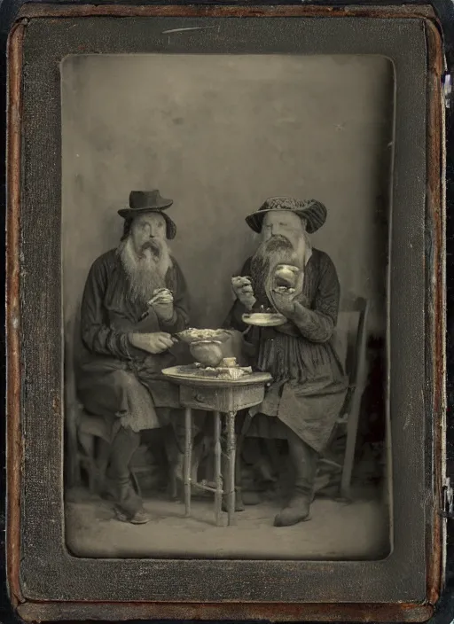 Prompt: old wetplate daguerreotype potato eaters by van gogh, fractal, intricate, elegant, highly detailed, parallax, leica, medium format, subsurface scattering, by jheronimus bosch and greg rutkowski and louis jacques mande daguerre