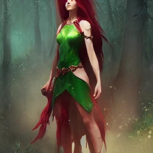 Prompt: a beautiful elf Druid girl with braided red hair and green eyes , trending on ArtStation , concept art by greg rutkowski