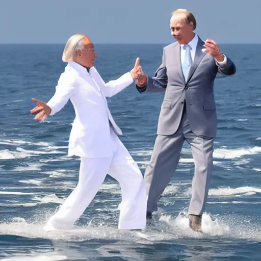 Image similar to biden and putin dancing on the ocean, close up, high quality photograph