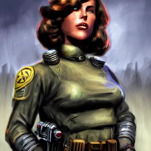 Prompt: fallout 5, concept art brunette rugged authoritarian female enclave officer portrait, concept art, comicstyle, atmospheric lighting, painted, intricate, volumetric lighting, beautiful, rich deep colors masterpiece, sharp focus, ultra detailed by jack kirby, ignacio fernandez rios, thierry doizon