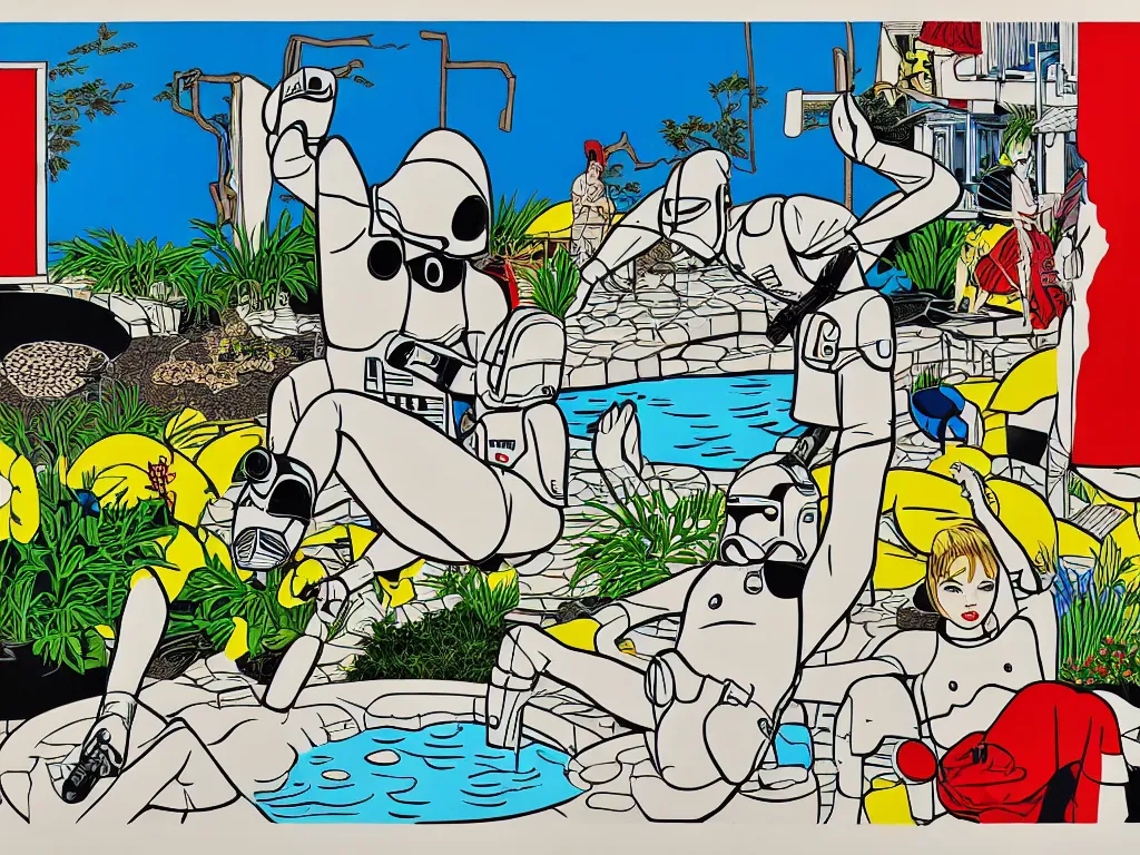 Image similar to hyperrealism composition of the japanese house with a hot springs in the garden, two detailed stormtroopers bathe in a hot spring, pop - art style, jacky tsai style, andy warhol style, roy lichtenstein style, acrylic on canvas