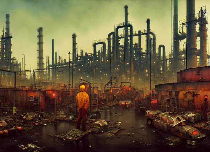 Prompt: waiting in line for crude oil by simon stalenhag and gil elvgren and tom bagshaw and marc simonetti and jan miense molenaer and arthur adams, dystopian slums, refinery, highly detailed, hyperrealism, smog, high contrast, smogpunk, oilpunk, high saturation, intricate complexity, gas masks