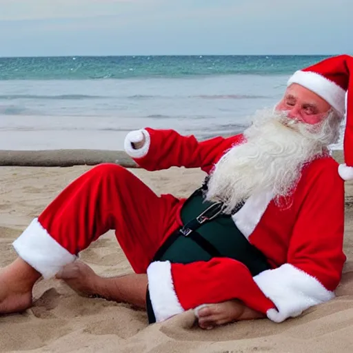 Prompt: santaclous enjoy on the beach