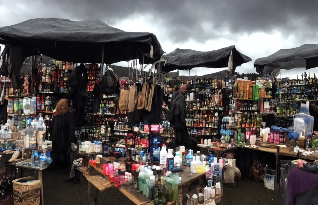 Image similar to market stall in Mordor with dark sky. An orc is selling dark toiletries and body parts