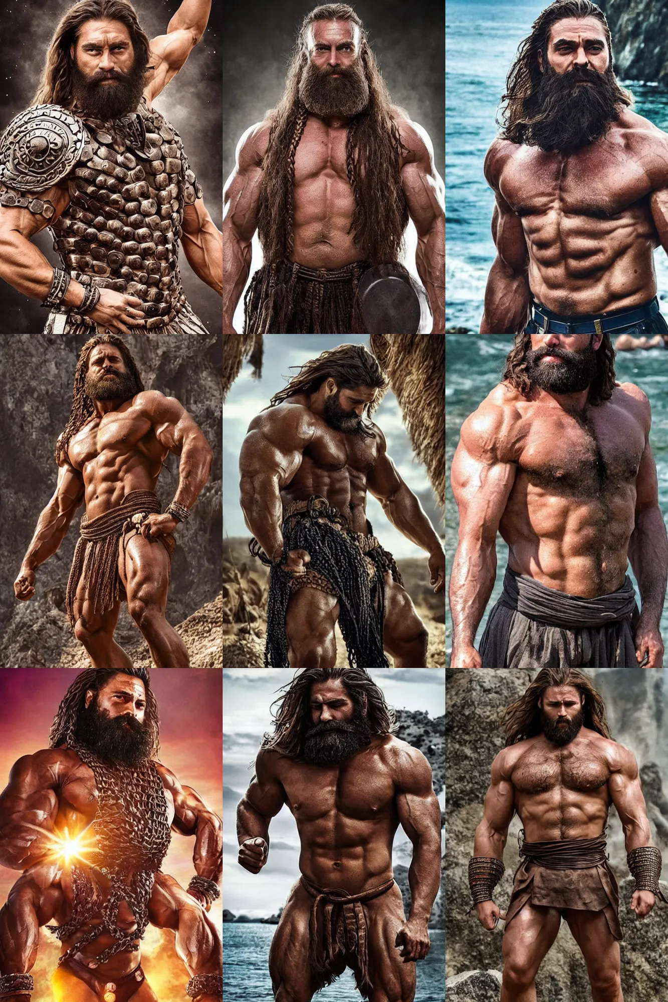 Prompt: The strongest man that ever lived. Huge muscles. Even bigger muscles. Bare chest. Glistening muscles. Fantastic, glorious braided beard. Beautiful face. Long hair. Intricate bronze armour full of gemstones. Full body action movie still.