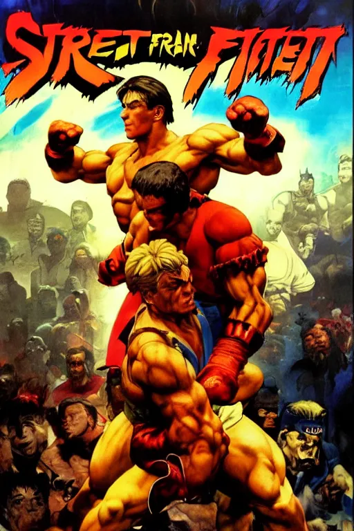 Prompt: Movie poster of Street Fighter 2, by frank frazetta, ilya repin, 8k, hd, high resolution print