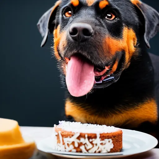 Image similar to a high - quality photo of a cute rottweiler with a half - eaten birthday cake and champagne, 4 5 mm, f 3. 5, sharpened, iso 2 0 0, raw, food photography