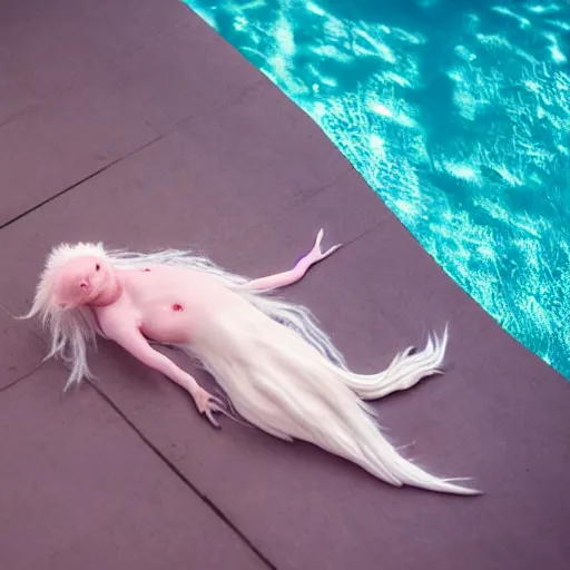 Prompt: cinematic photo of a beautiful albino axolotl woman lit with saturated split colour blue and dusty pink lighting sunbathing by the pool