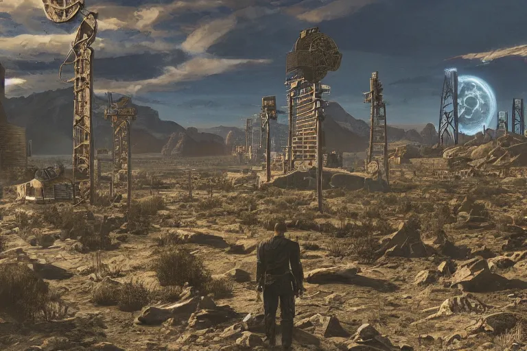 Prompt: fallout new Vegas landscape. Cinematic. Intricately detailed acrylic painting