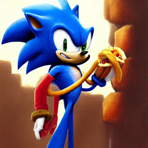 Image similar to A beautiful hyperrealistic detailed matte portrait painting of Sonic eating a sandwich of chorizo by andreas rocha and john howe and Martin Johnson