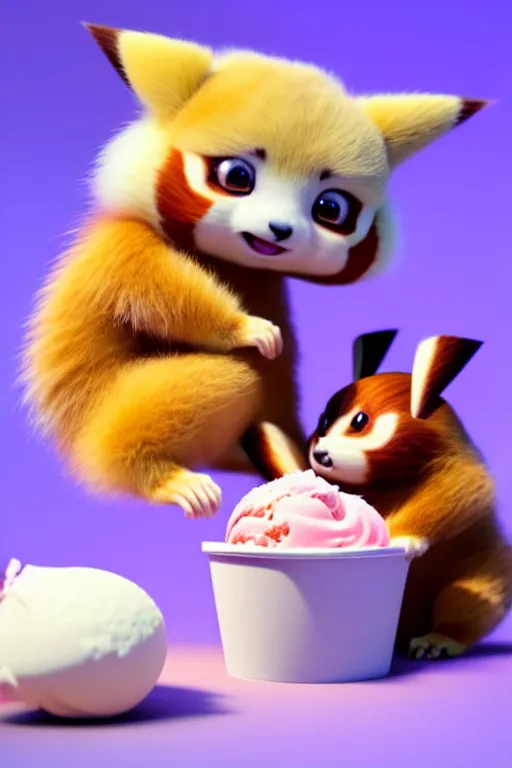 Prompt: high quality 3 d render hyperrealist very cute pastel fluffy! red panda & tarsier hybrid eating giant ice cream, vray smooth, in the style of detective pikachu, hannah yata, very dramatic light, low angle, uhd 8 k, shallow depth or field