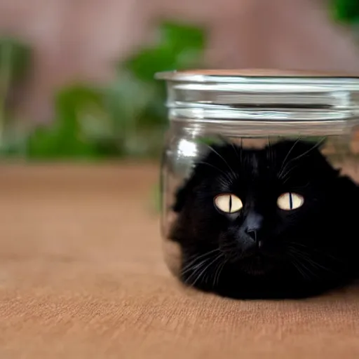 Prompt: a cute black catsleeping inside of a jar