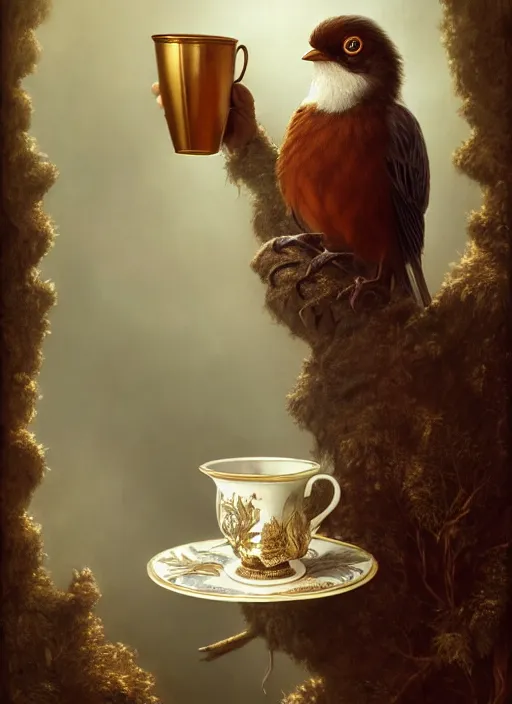 Prompt: a bird holds a cup of tea in its hands, hyperrealism, no blur, 4 k resolution, ultra detailed, style of tyler edlin, tom bagshaw, arthur rackham, ivan shishkin