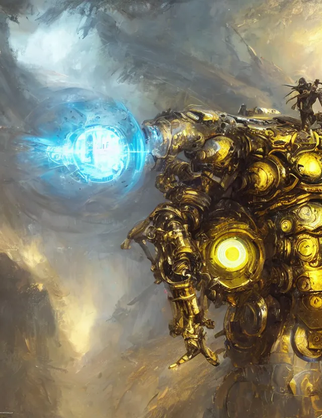 Prompt: full body, attack position Wadim Kashin painting in lush fantasy environment of a ornate holy mechanical warforged with circular glowing eye, character in yellow armor holding a legendary paladin engraved holy great longsword and carrying a huge heavy paladin shield, vertically flat head, face in focus, epic , trending on ArtStation, masterpiece, cinematic lighting