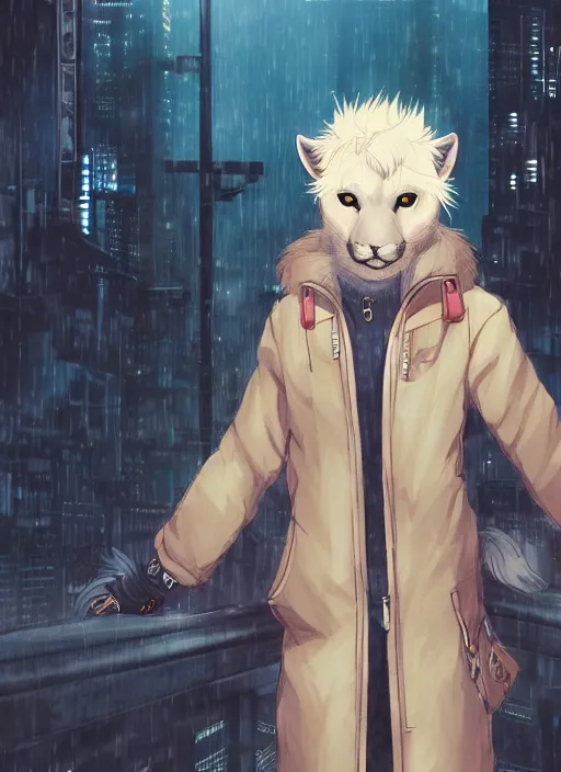 Image similar to character portrait of a male anthro albino mountain lion fursona with a cute beautiful attractive furry face wearing stylish clothes in a cyberpunk city at night while it rains. hidari, color page, tankoban, 4K, tone mapping, Akihiko Yoshida.