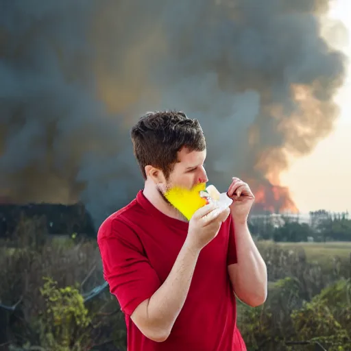 Prompt: Professional photo of a guy eating delicious sherbet while a house is on fire in the background, warm lighting, outdoors, realistic photo, 100mm lens