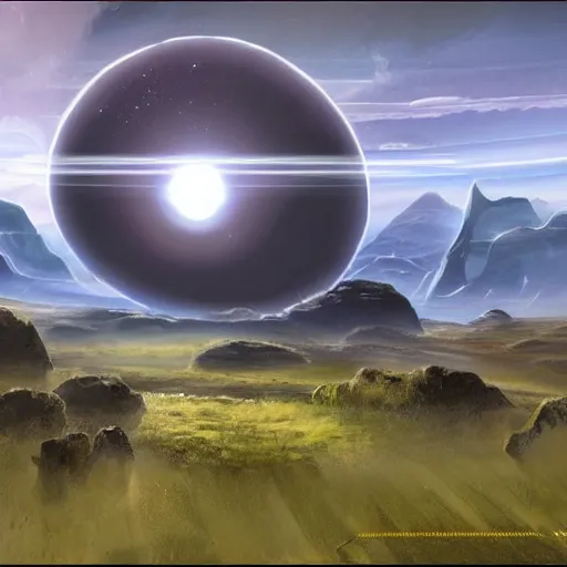 Prompt: a beautiful landscape on a ring world, with the curvature of the ring being visible in the sky :: Halo game concept art