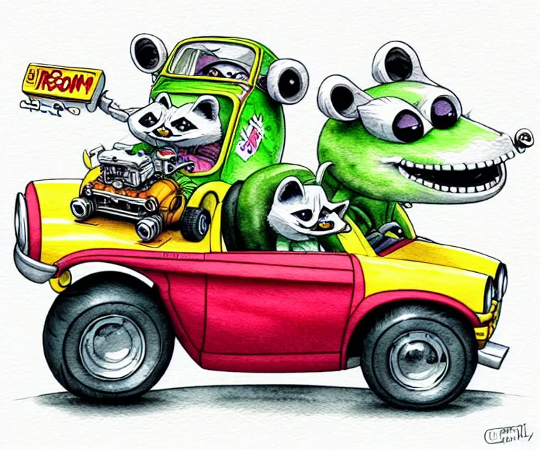 Image similar to cute and funny, racoon driving a tiny hot rod with an oversized engine, ratfink style by ed roth, centered award winning watercolor pen illustration, isometric illustration by chihiro iwasaki, edited by craola, tiny details by artgerm and watercolor girl, symmetrically isometrically centered