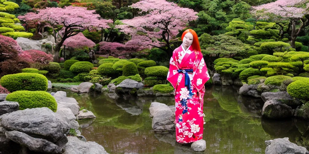 Image similar to A beautiful amber haired woman in a kimono in a Japanese garden