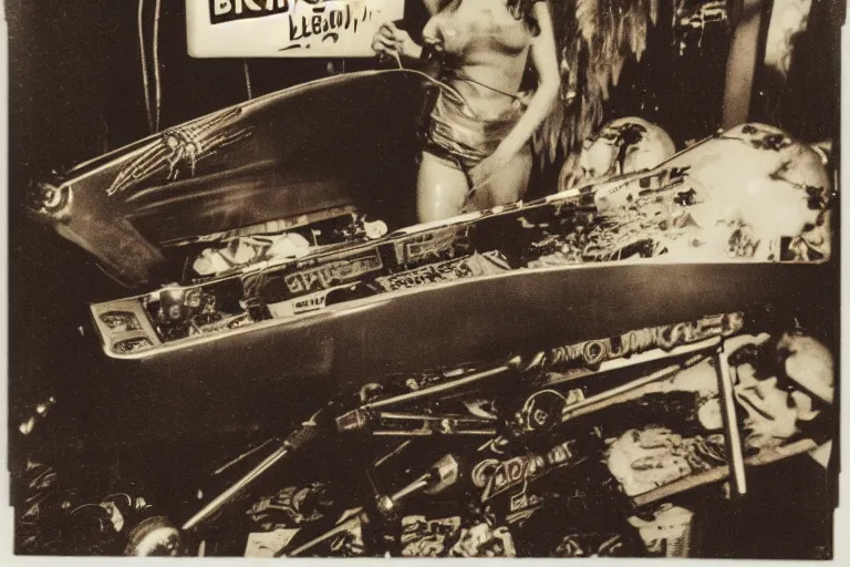 Image similar to vintage pinball machine, creature from the black lagoon, polaroid photo