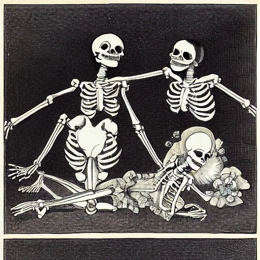 Prompt: two female skeletons dancing on stage over a dead queen’s corpse, while it rains flowers everywhere, red and white flowers, candle light, Baroque