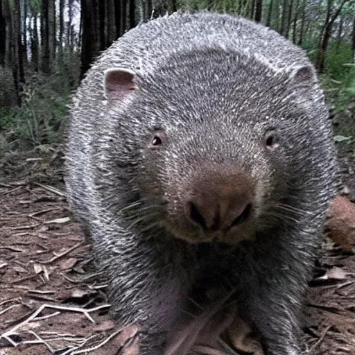 Prompt: a scary angry wombat caught on nighvision trailcam