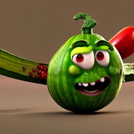 Prompt: detailed 3 d render of an angry furious zucchini with a bloody sword in his hand, running down the road chasing after a group of scared tomatoes, hyper realistic octane render, dramatic lighting, high speed chase, nightmare, surrealism, pixar, disney, cartoon